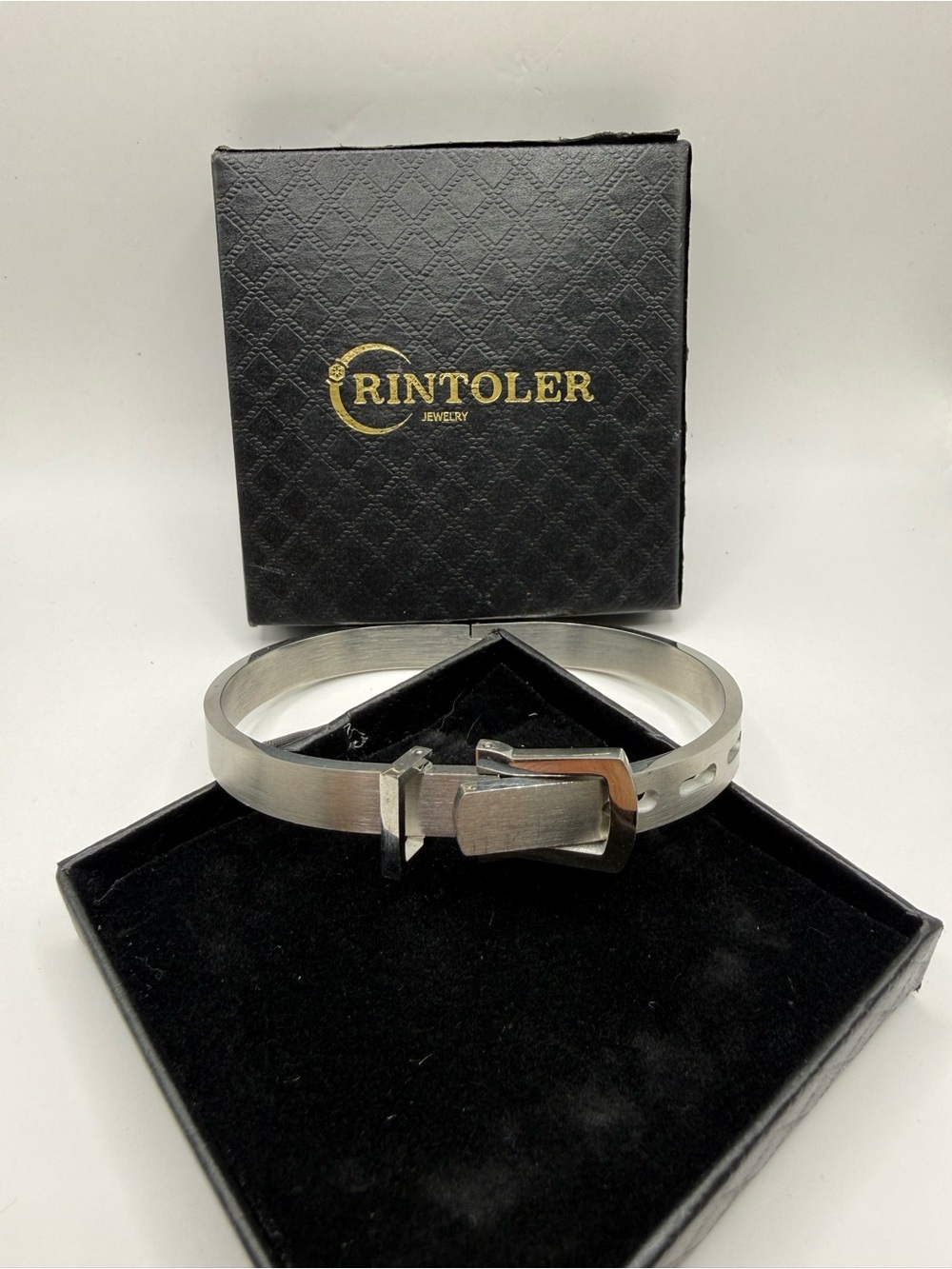 Rintoler Stainless Steel Brushed Belt Buckle Adjustable Hinges Bangle Bracelet